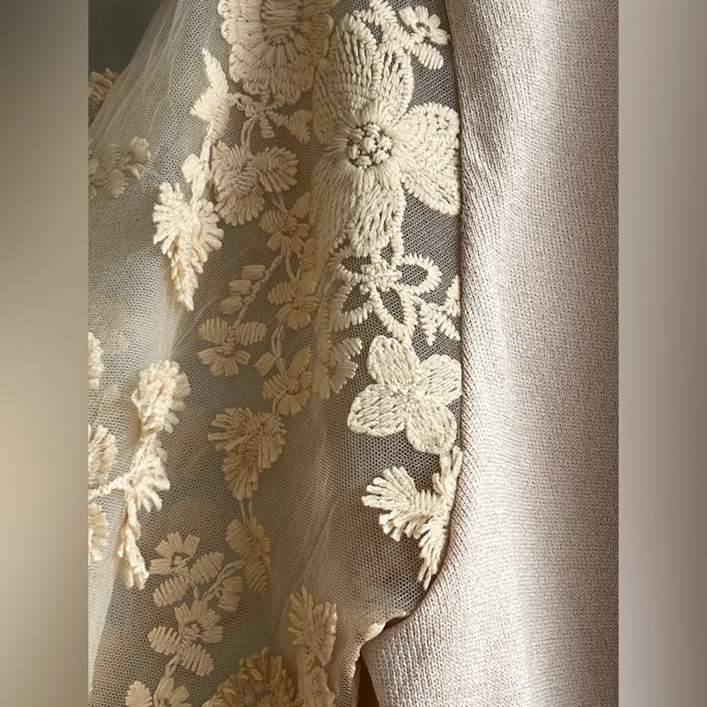 Sioni Milano lace embroidered floral sleeves cardigan sweater Tan Size XL - Image 7