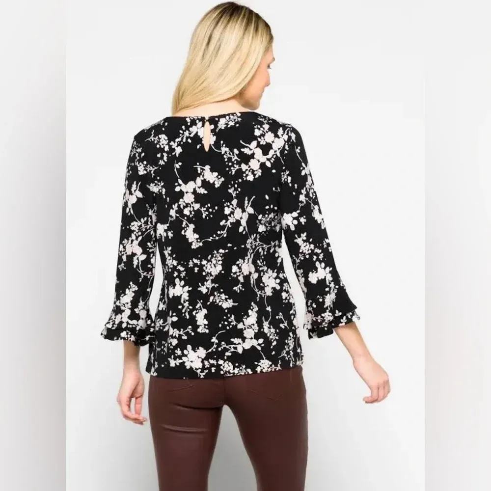 Karl Lagerfeld Paris Yessie Floral Ruffle Sleeve Blouse in Black/Pink Size M - Image 2