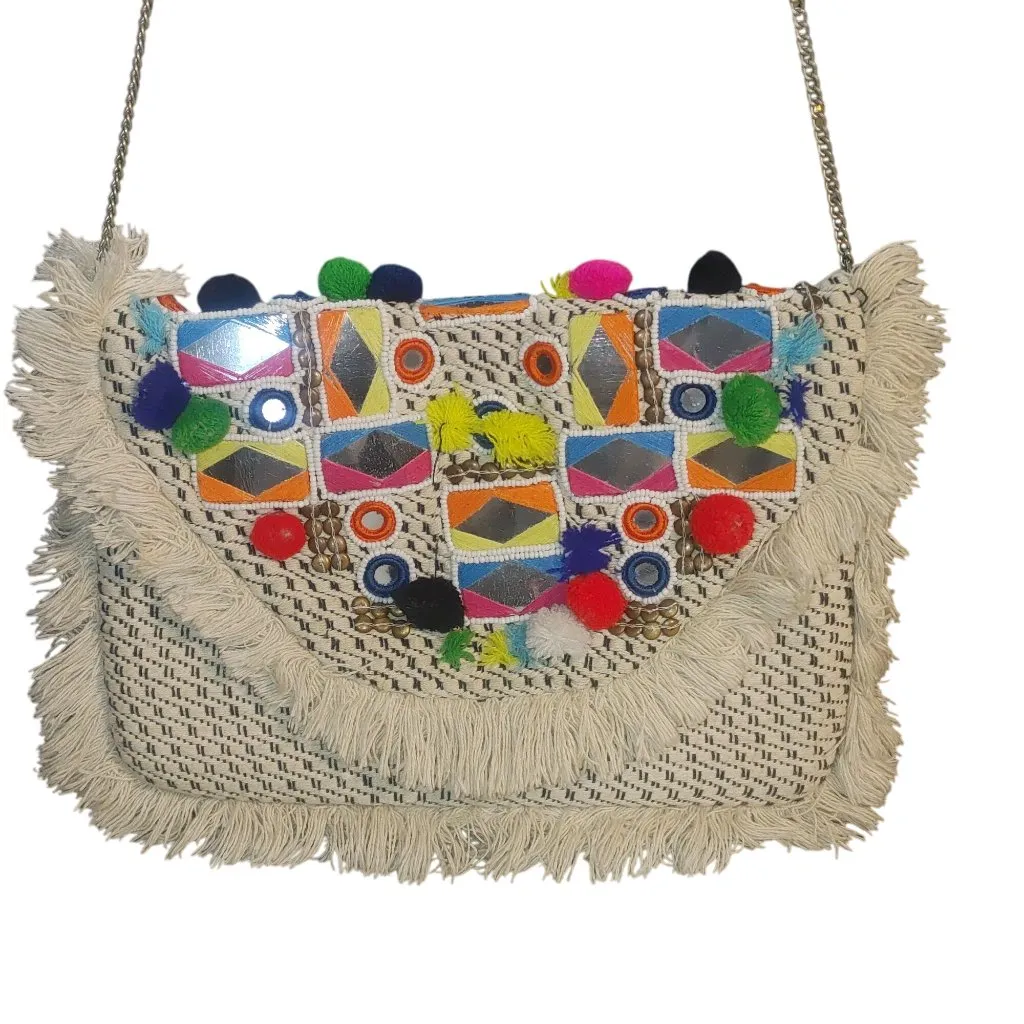 Circus By Sam Edelman Boho Fringe Crossbody Bag With Colorful Pom-Poms & Mirror - Image 12