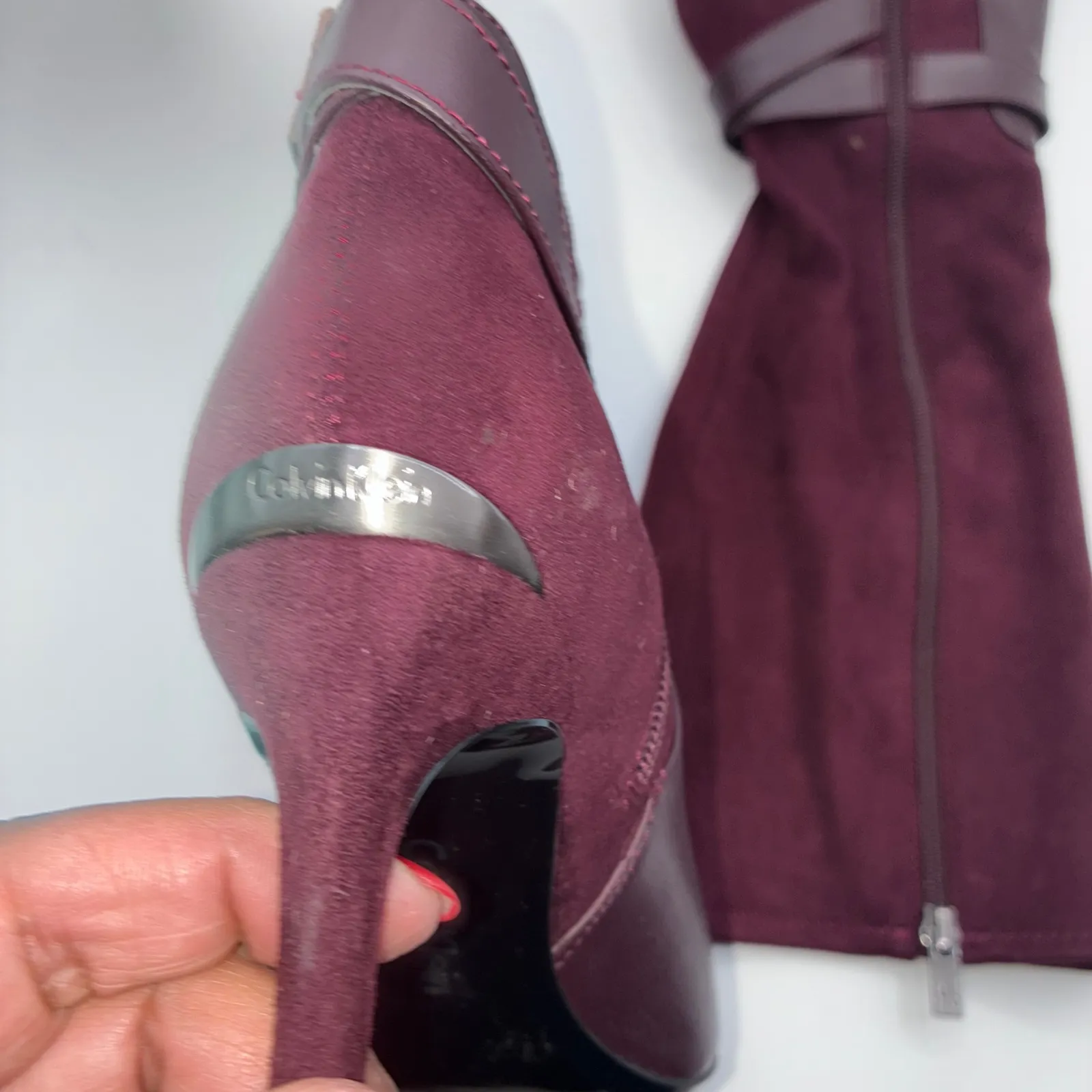 Calvin Klein Jemamine Wide Calf Tall Boots Burgundy Suede Leather Heel Size 6.5 - Image 6