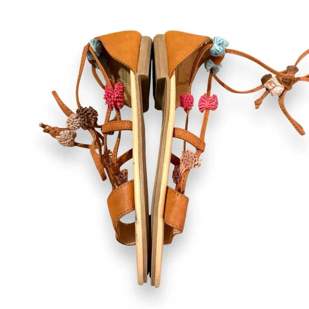 Maurices Brown‎ Faux Leather Lace Up Tassel Pom Pom Flat Sandals Sz 8 - Image 3