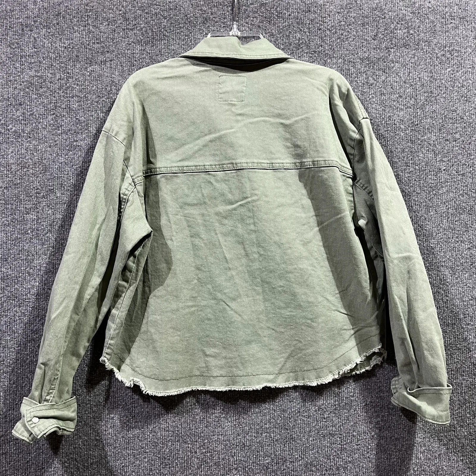 Kensie Jeans Trucker Jacket Womens M Olive Green Denim Cotton Stretch Frayed Hem Size M - Image 5
