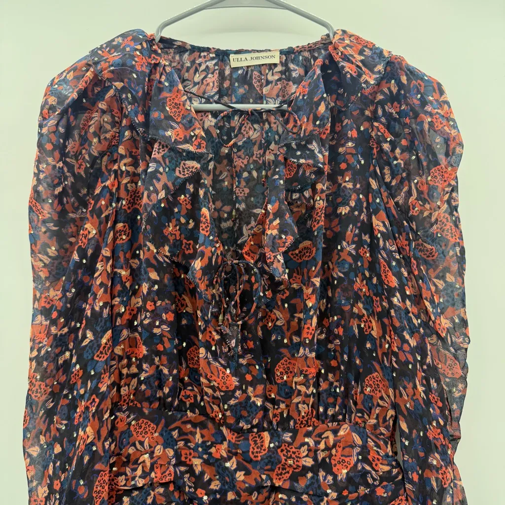 Ulla Johnson Cecily Cosmos Print Long Sleeve Tiered Ruffle Mini Dress Sz 2 - Image 4