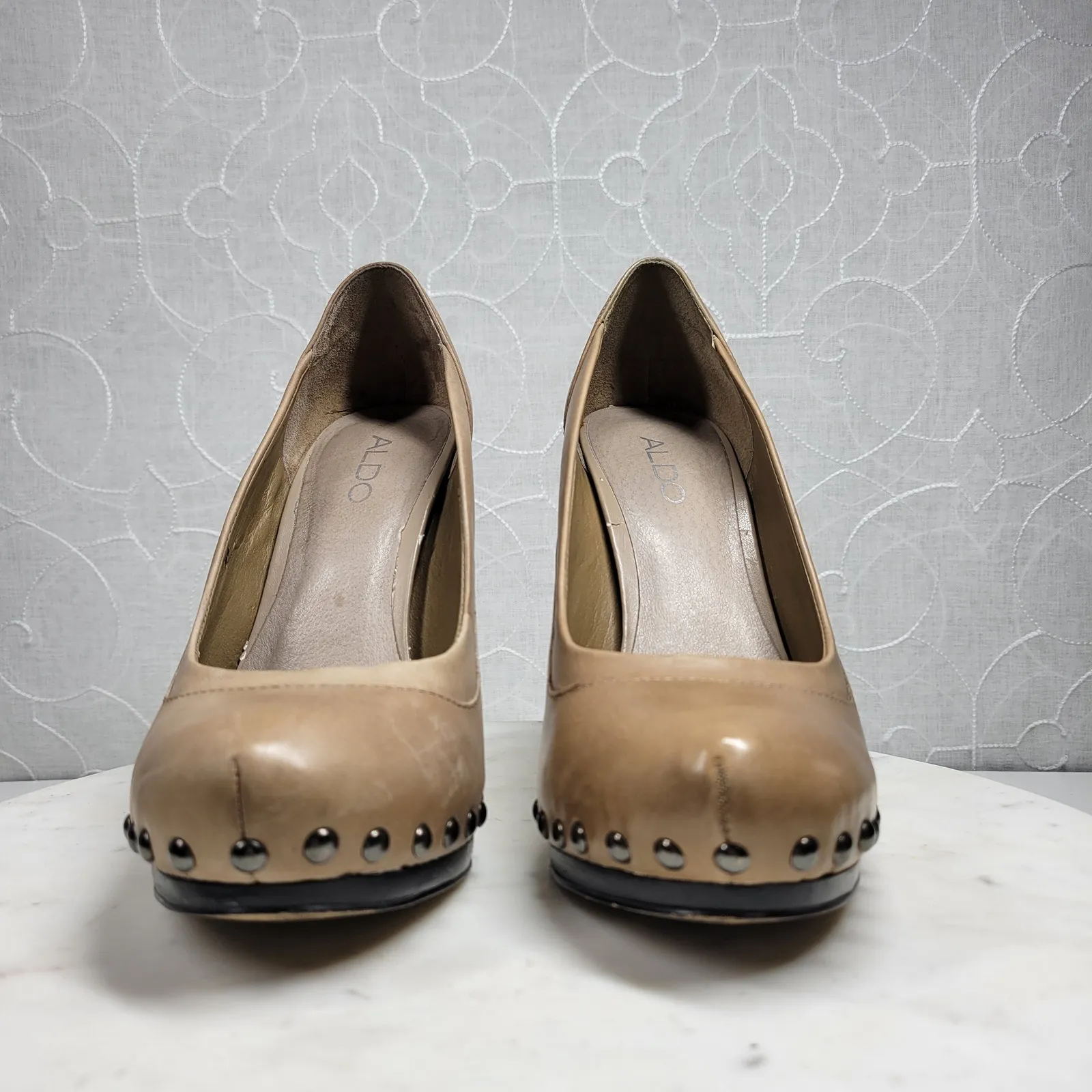 Aldo Stilettos Womens 39 US 8.5 Tan Leather Studded Rivets Platform‎ High Heels - Image 4