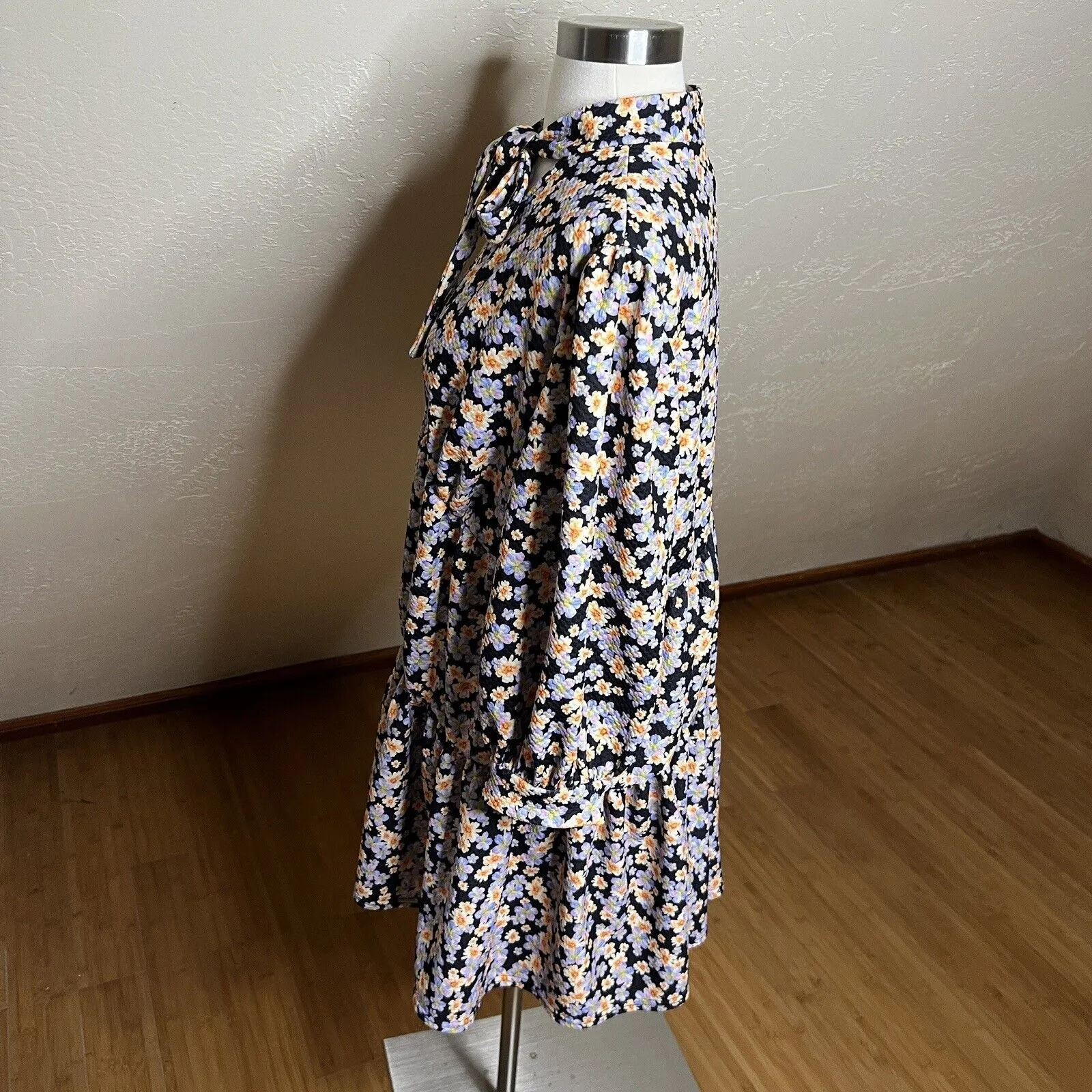 ASOS Babydoll Mini Dress Womens 12 Purple Floral Tiered Long Sleeve Tie Neck - Image 4