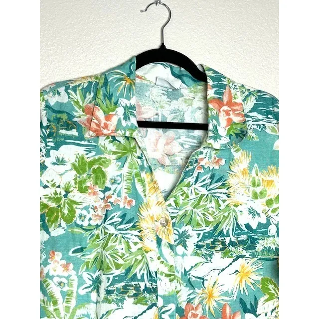 Vintage Hot Cotton Tropical Floral Print Button Up Shirt Women's XL 100% Linen Green - Image 13