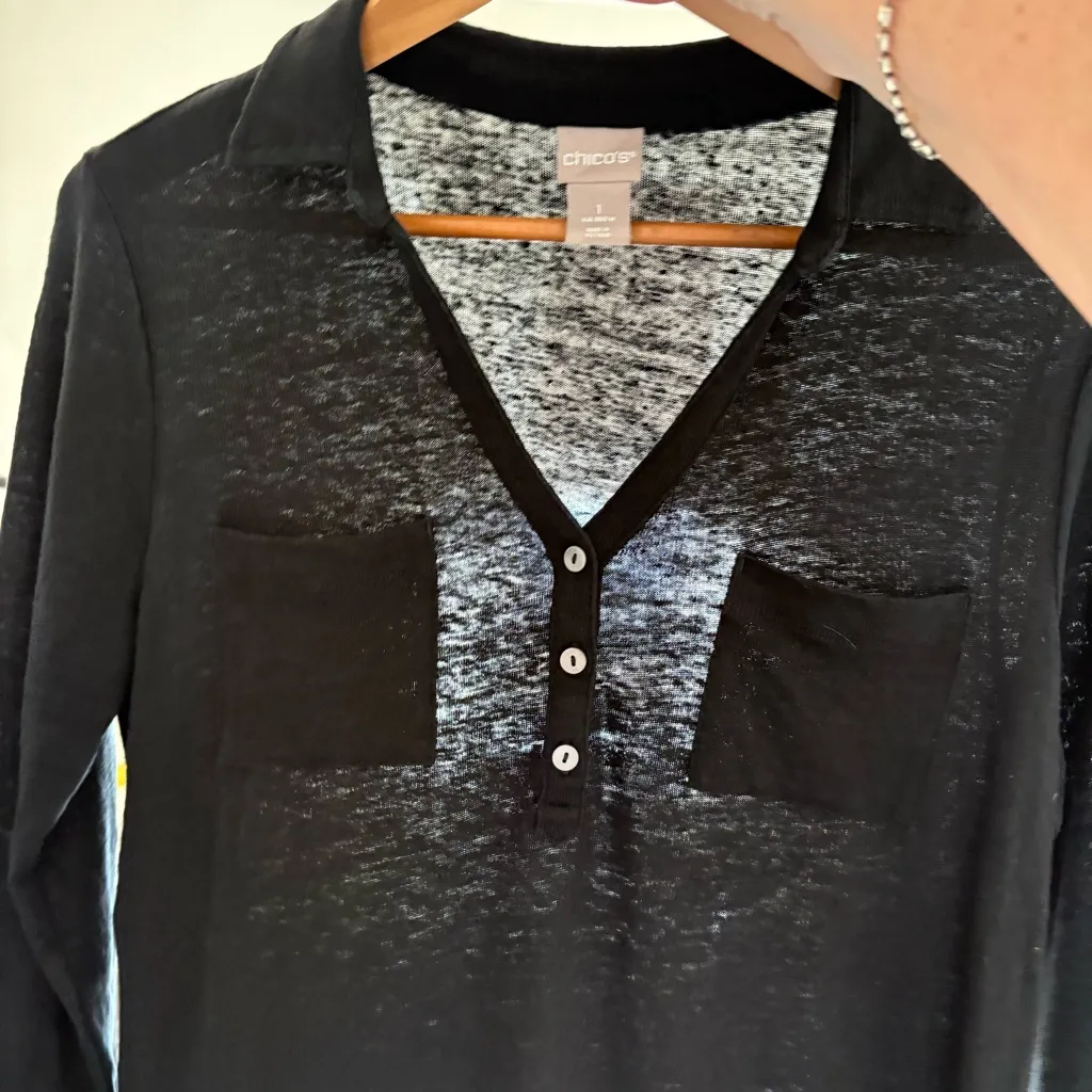 Chico’s Linen Two Pocket Collared  Popover. Size Medium/ Chico’s 1. - Image 6