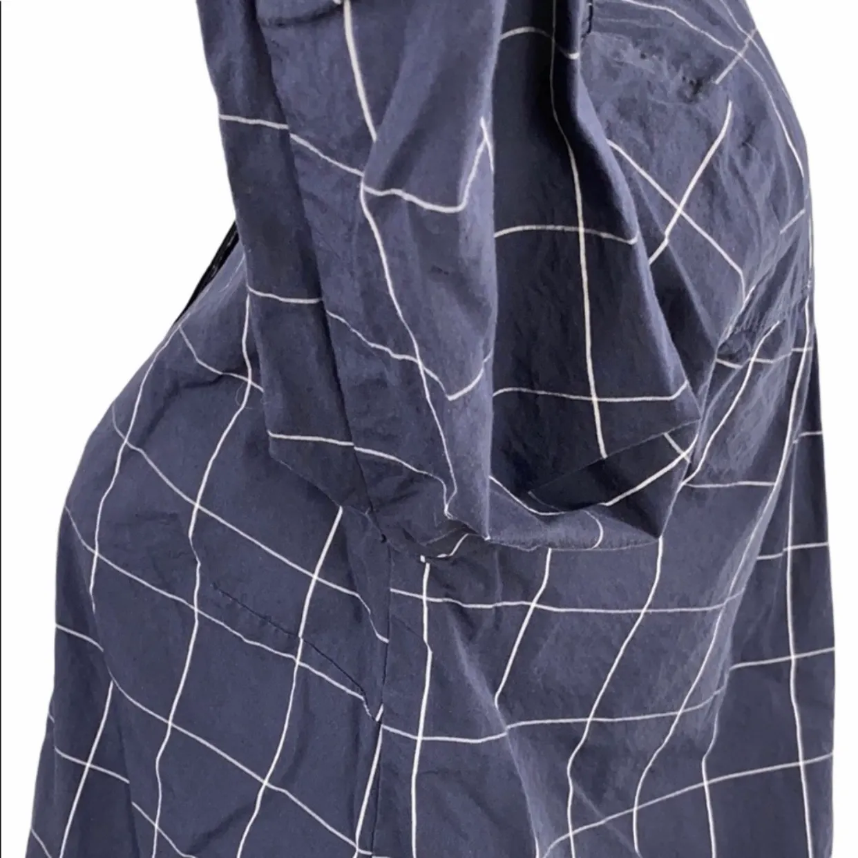 Navy Windowpane Casual Bell Sleeve Button Down Shirt - Image 12