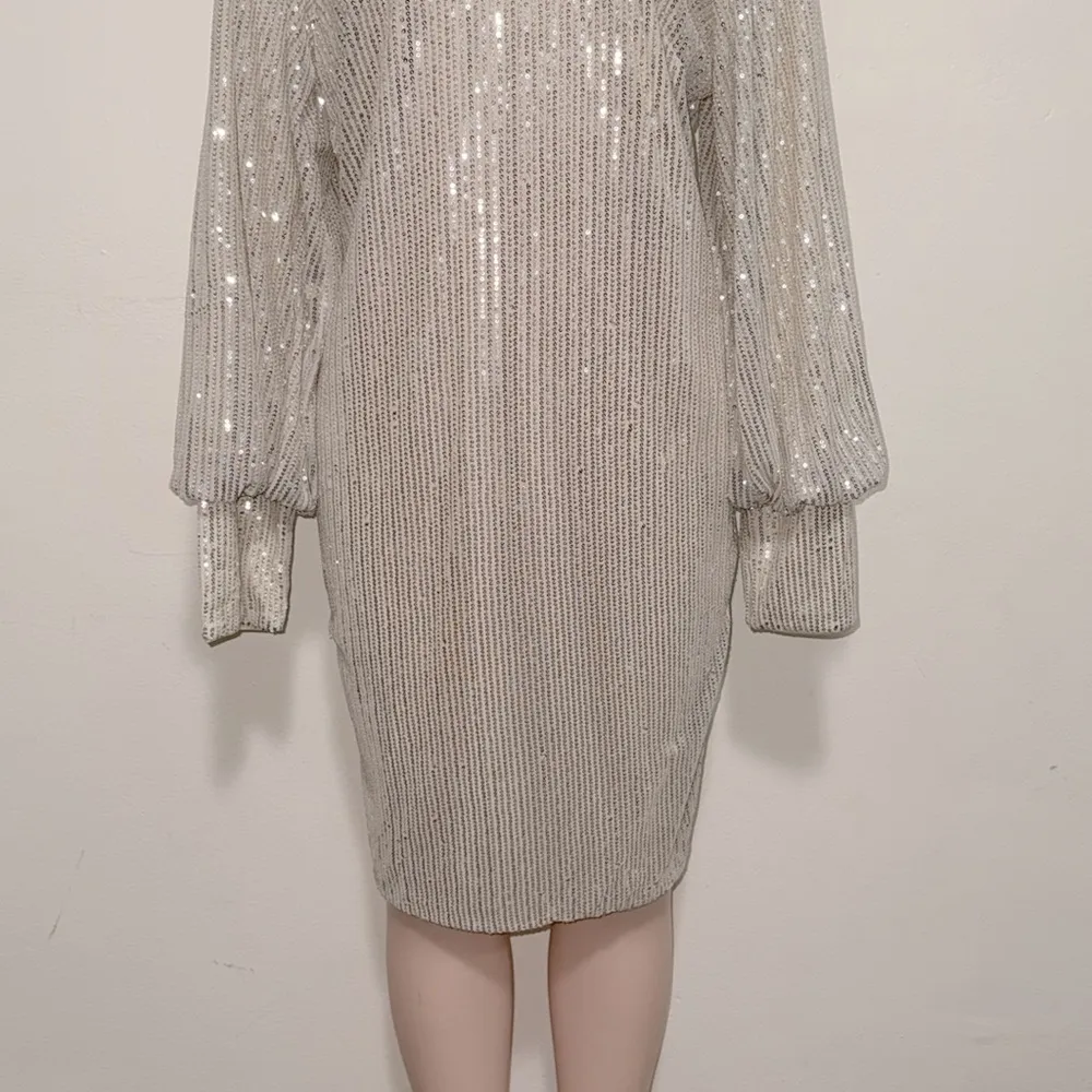 SHEIN woman ivory cream  silver sequined XL long sleeve dress - Image 3
