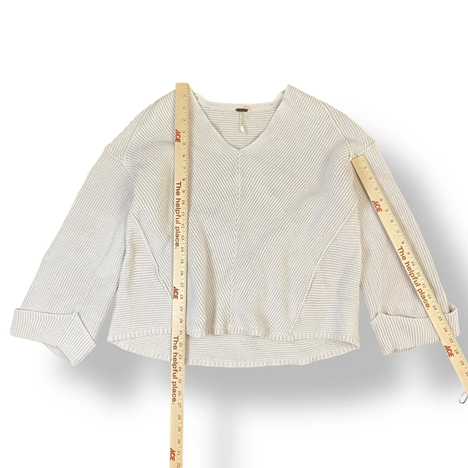 Free People White La Brea‎ V-Neck Sweater Size Medium Boho, Neutral, Lagenlook - Image 5