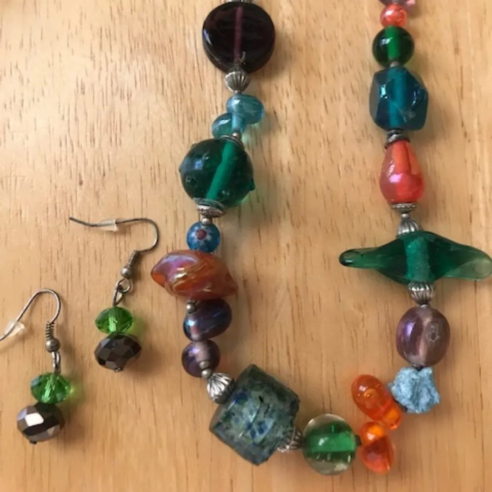 Tribal Glass Beaded Necklace Earrings Set Handmade - Image 3