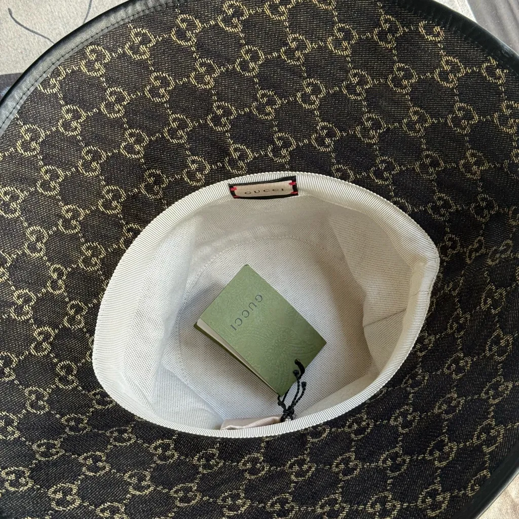 NWT Authentic GUCCI Panama Black Denim Monograms GG Leather Brim Hat In Size S - Image 2