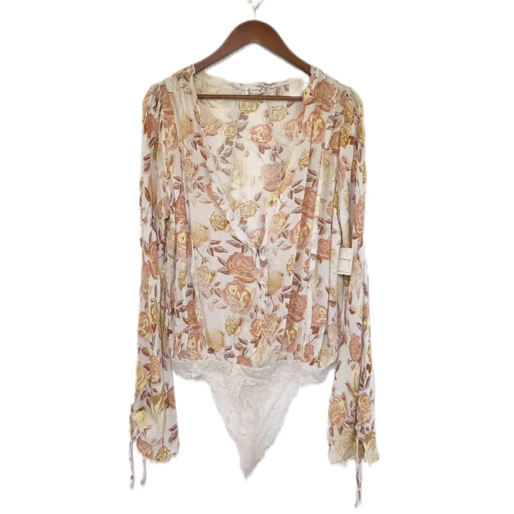 INTIMATELY FREE PEOPLE Cream Floral Print Bell Sleeve Bodysuit Bohemian Small‎ - Image 3