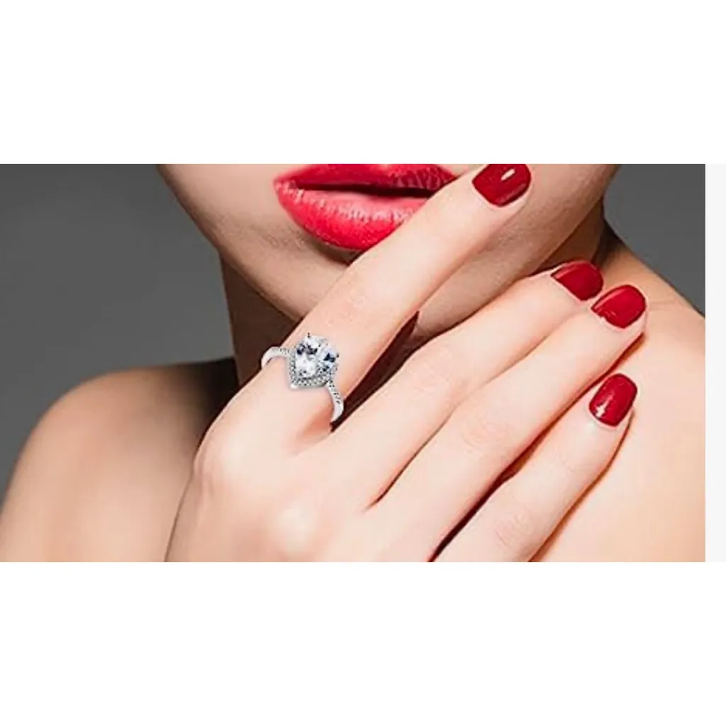 NEW‎ 3ct Rhodium Silver Pear Halo Teardrop Engagement Ring, Size 8 - Image 4