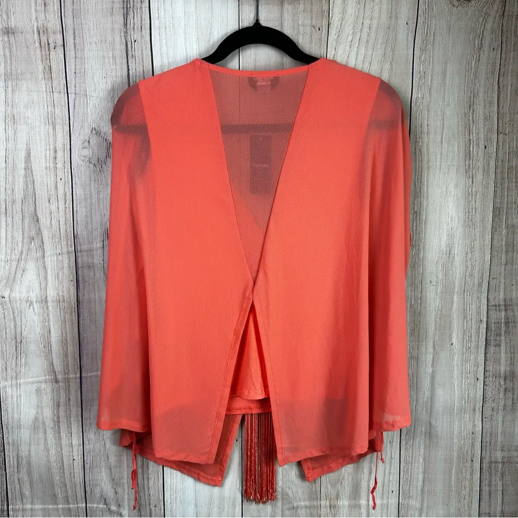bebe Vibrant Orange Fringe Trim Solid Kaftan Blouse - Image 8