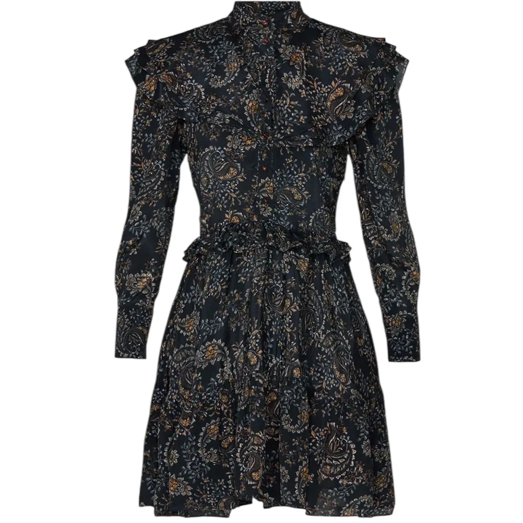 NICHOLAS Prairie Boho Cottagecore Black Gold Long Sleeve Tier Ruffle Dress 2 Green - Image 6