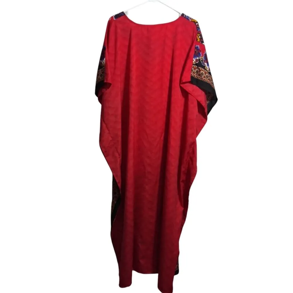 Gold Coast MuuMuu Vibrant Red Floral Kaftan Cover Up Size OS - Image 2