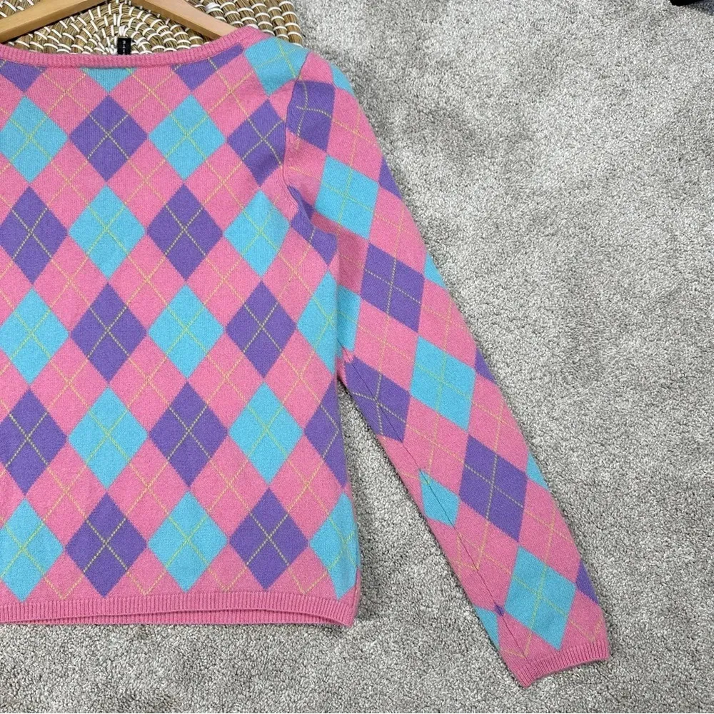 Exposite 100% Cashmere Sweater Long Sleeve Argyle Buffalo Plaid Check Pink L Size L - Image 7