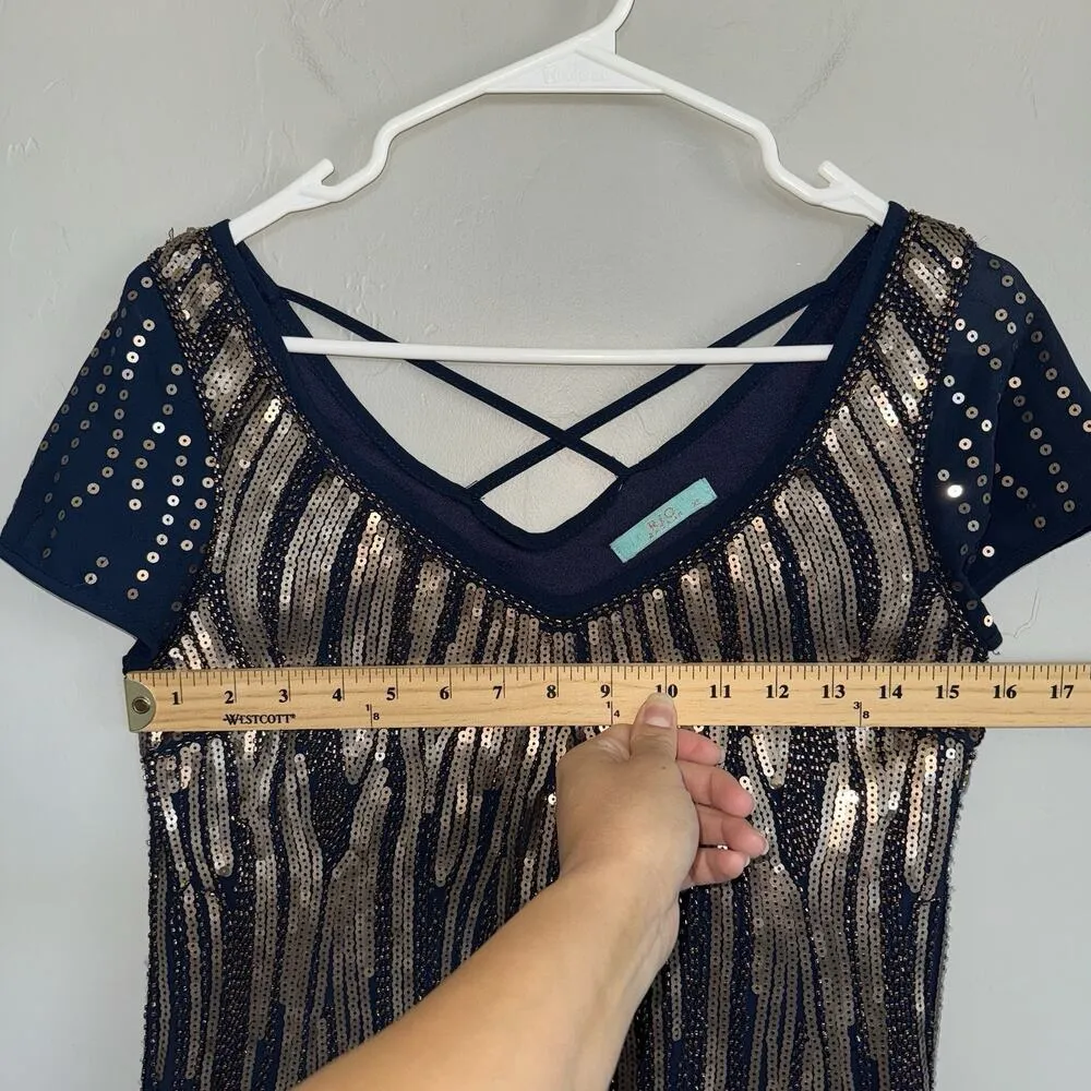 Rio Bazaar Navy Blue & Gold Sequin Dress XS Crisscross Back Art Deco Sparkle - Image 11