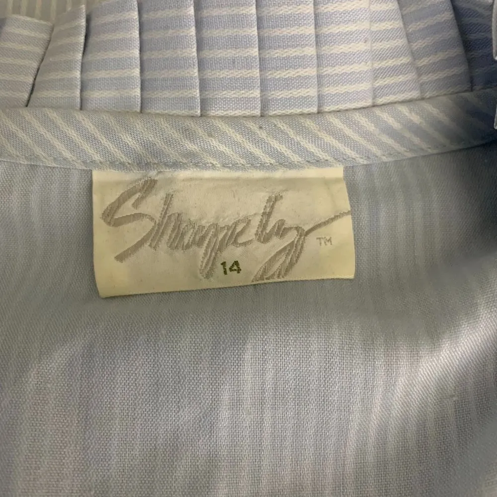 Vintage Pleated Collar Button Down Shirt M Blue Stripe Pearl Buttons Long Sleeve - Image 6