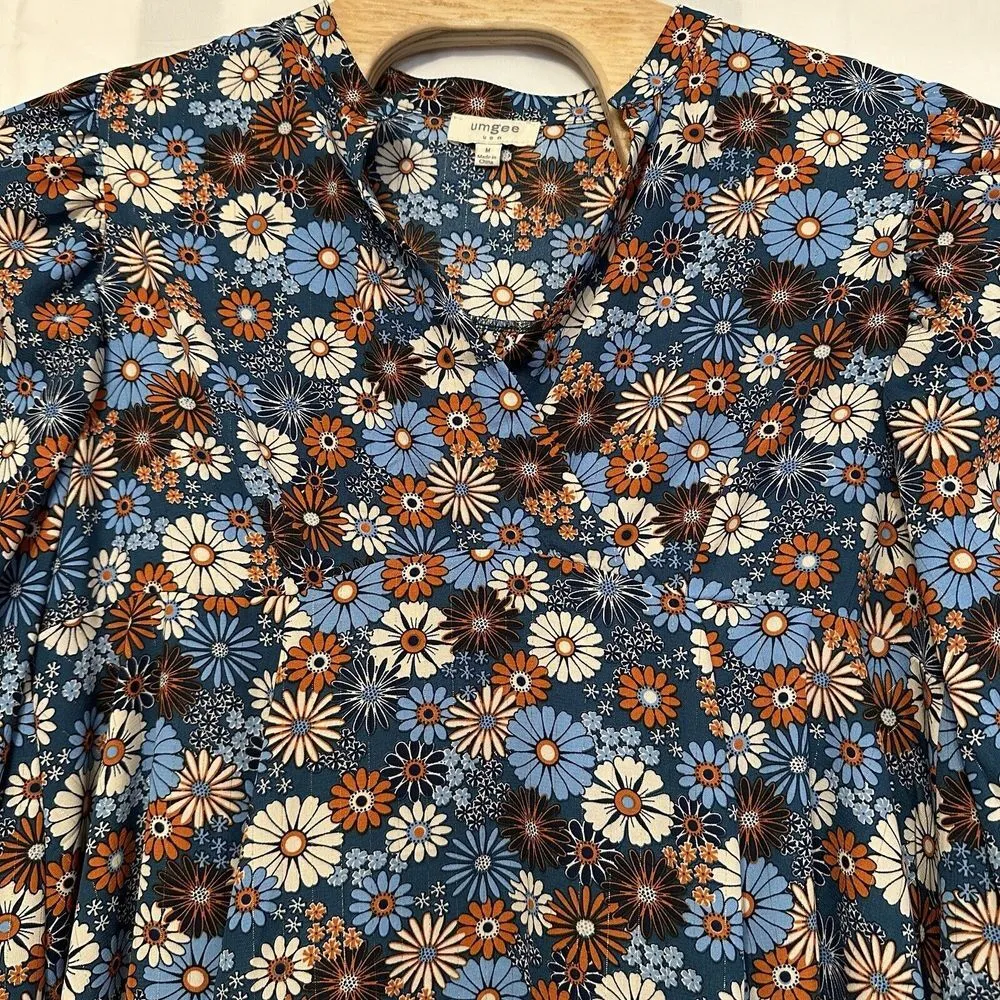 Umgee Size Medium VNeck Blue Orange Floral Boho Mini Dress Tunic Top Long Sleeve - Image 2