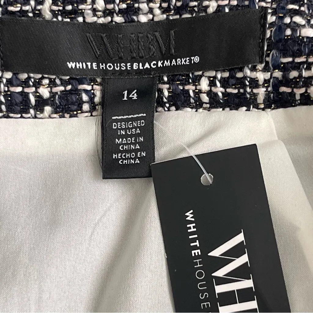 White House Black Market Tweed Fringe Mini Skirt Womens Size 14 Navy White Plaid - Image 7