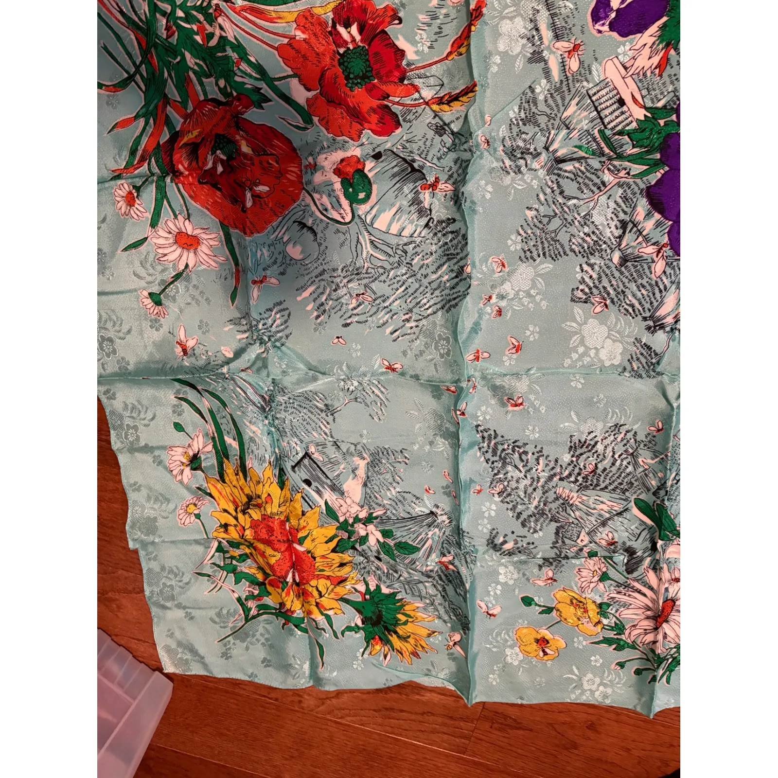 Vintage Floral Print Scarf Lightweight Accessories Fashion Women Made in Japan Blue - Image 5