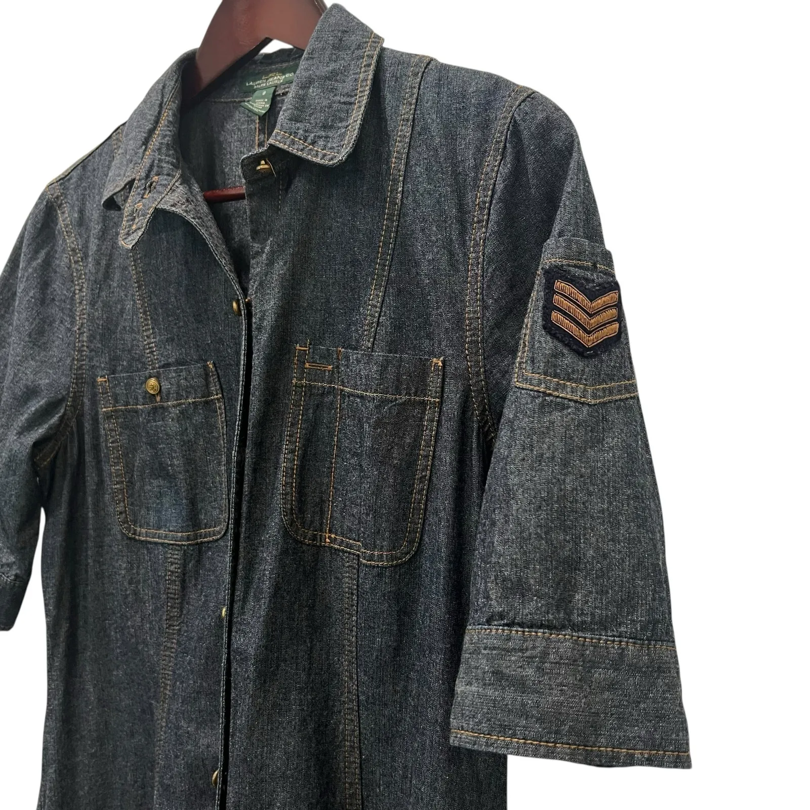 Ralph Lauren LRL Lauren Jeans Blue Denim Dress Military Size 8 Midi Short Sleeve - Image 4