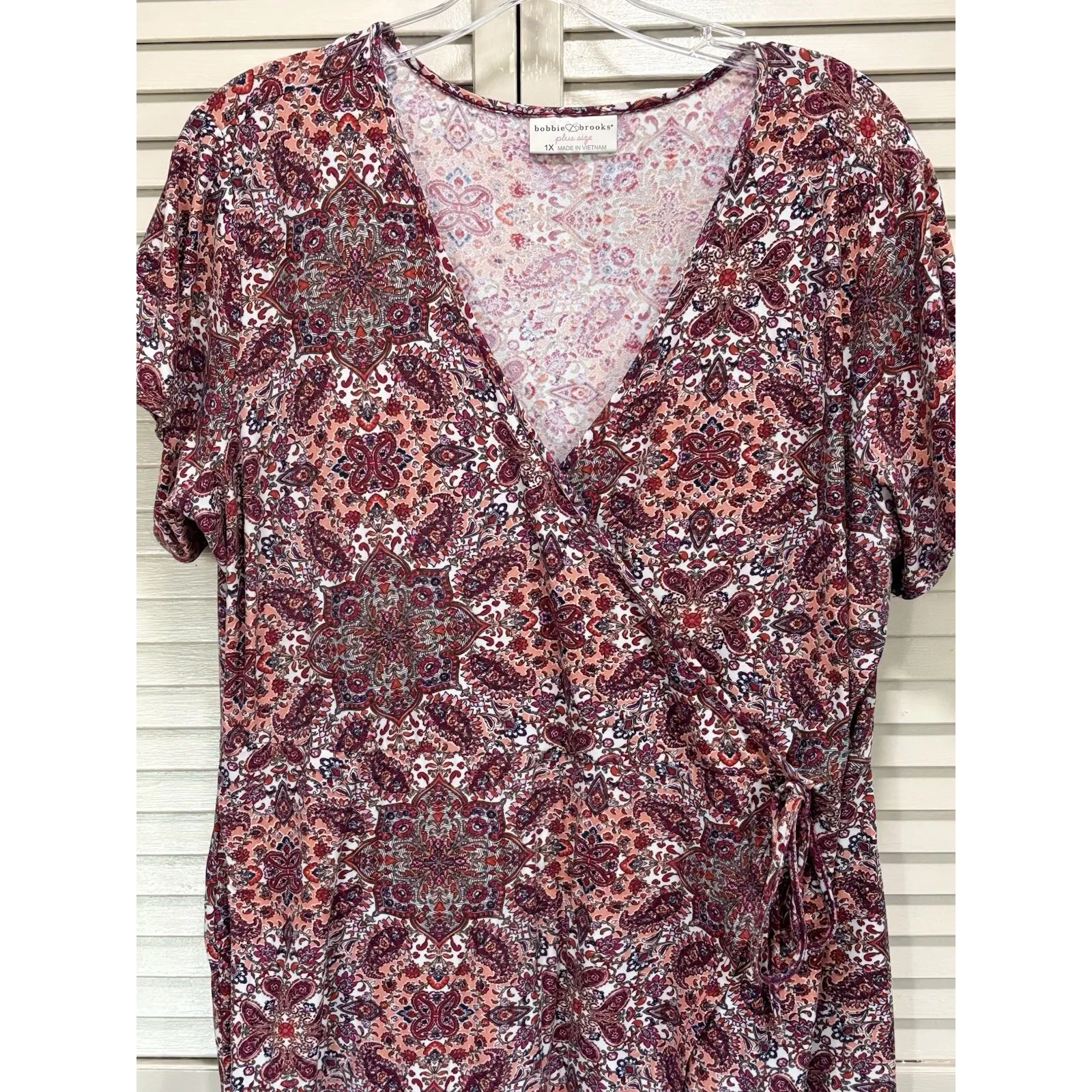 Bobbie Brooks‎ Burg/Pink Paisley Midi Wrap Dress Size 1X Short Sleeve Tie Waist Pink - Image 2