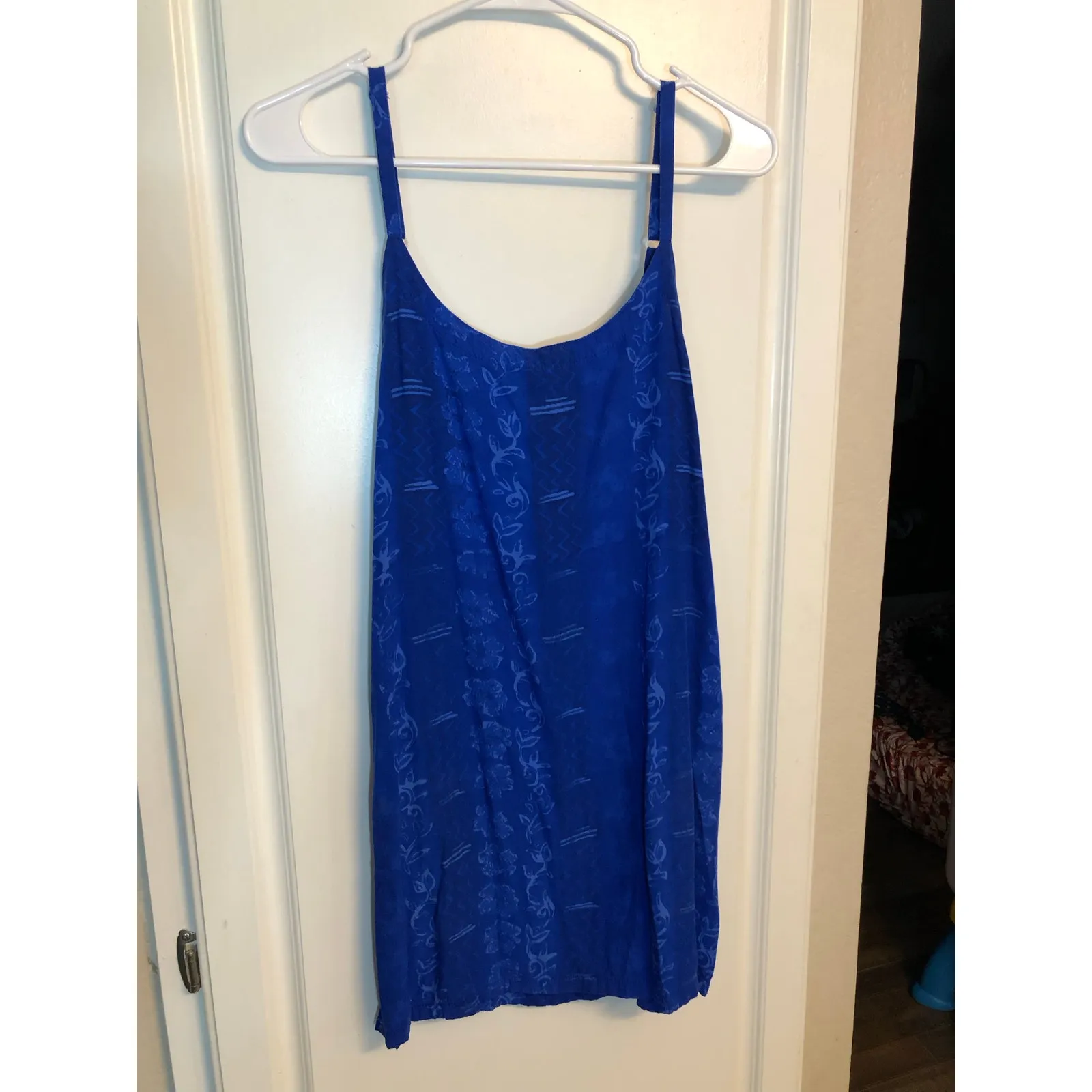 Far Away tropical floral print blue dress, size Small - Image 2