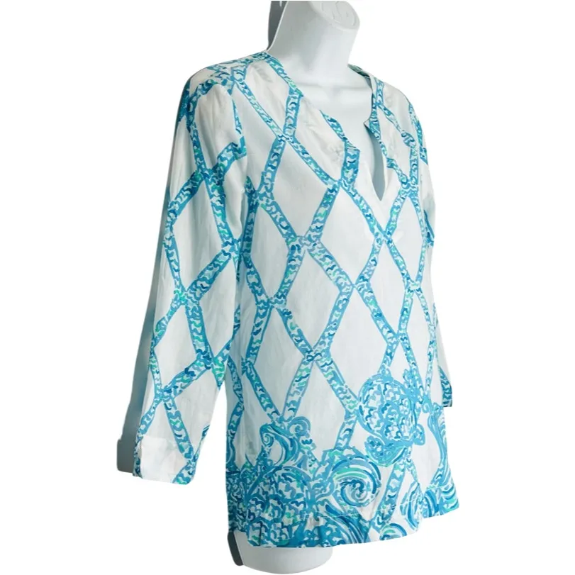 Lilly Pulitzer White Turquoise Amelia Island Tunic Turtle Cove Lattice Sheer XS - Image 8