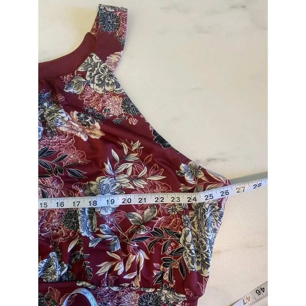 Meri Skye Dress‎ 4X Plus Sleeveless Sheath Burgundy Floral Midi Stretch Office Red - Image 8