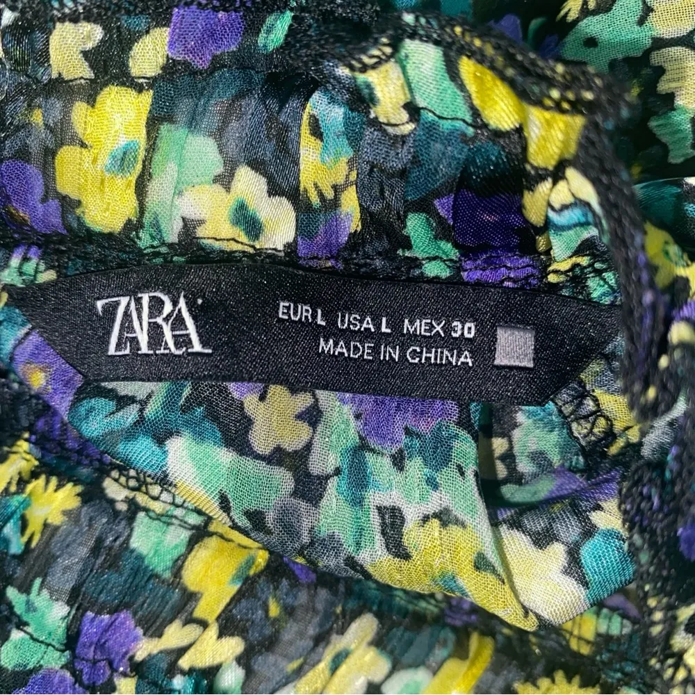 Zara Floral Micro Pleat Long Sleeve High Neck Puff Sleeve Baby Doll Mini Dress L - Image 12