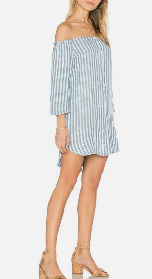 Anthropologie Cloth & Stone Blue White Striped Off Shoulder Shirt Dress SZ M - Image 2