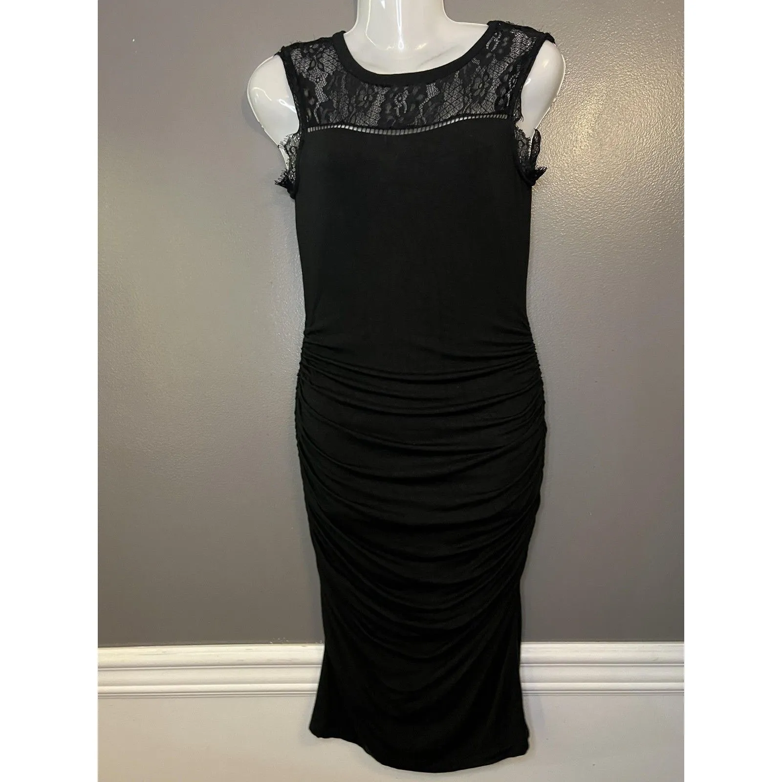 KUT From The Kloth Dress Womens 0 Black Lace Ruched Bodycon Midi Party Cocktail - Image 2