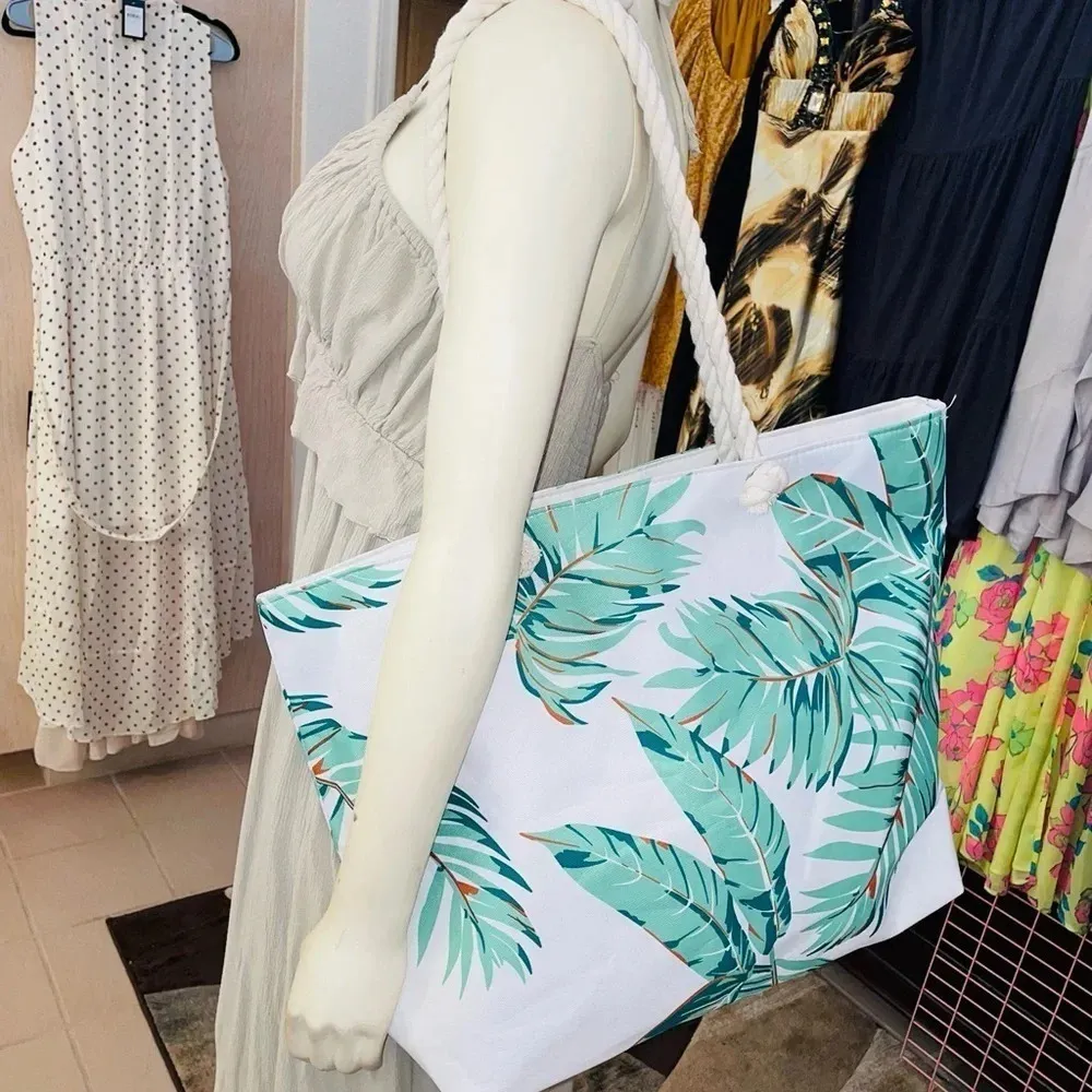DONDON LARGE CANVAS PALM PRINT ZIP BEACH BACH TOTE WITH ROPE HANDLES WHITE MULTI - Image 5