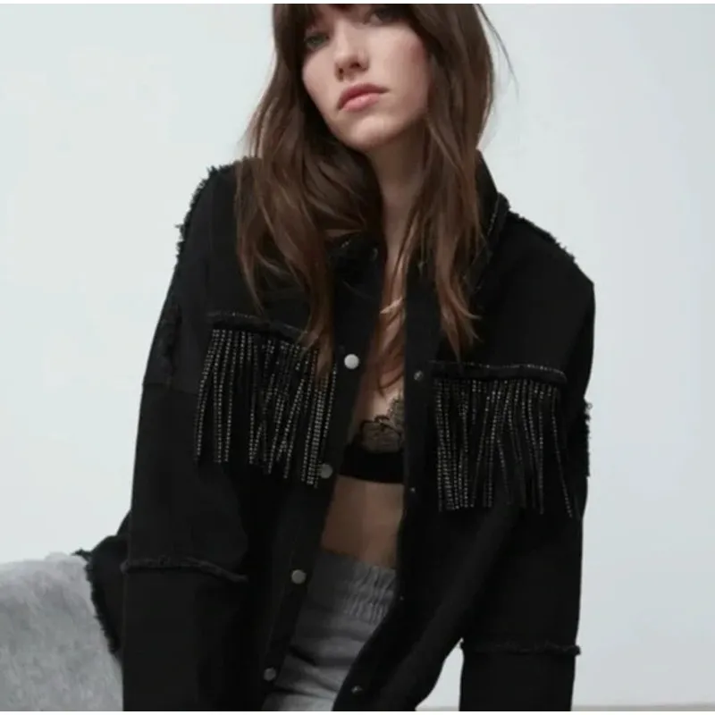 Zara Rhinestone Fringe Studded Jean Jacket‎  Black Size Medium - Image 3