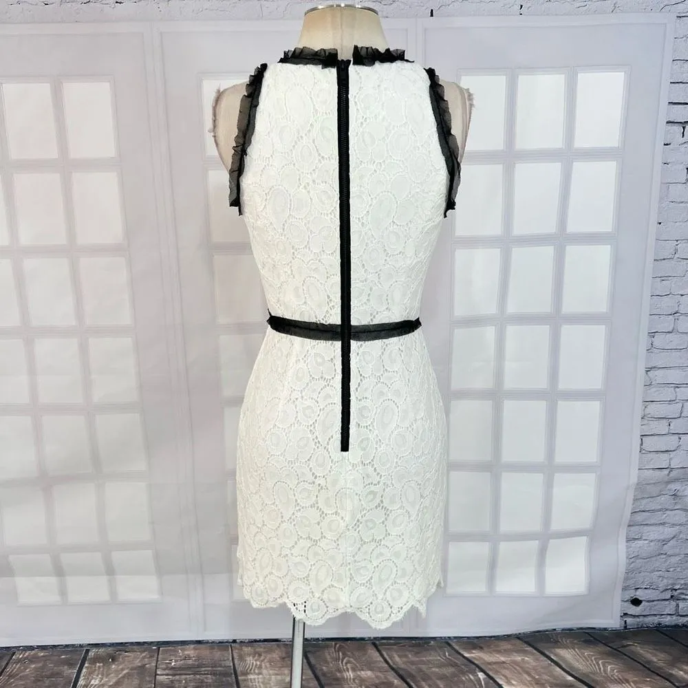 Milly Women's White Lace Sleeveless Black Frill Trim Sheath Mini Dress Size 6 - Image 5