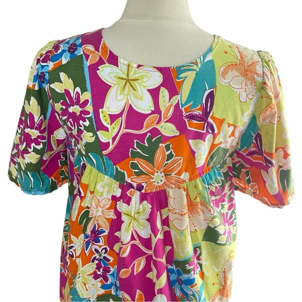 NATIONAL Tropical Floral Butterfly Print Cotton Patio House Dress, Medium Pink - Image 6