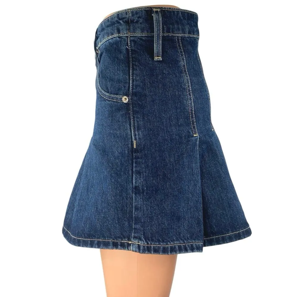 Zara Women's Blue Pleated High Waisted Mini A-Line Flared Denim Jeans Skirt XS - Image 2