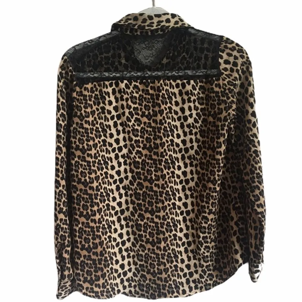 Basic Lace Cheetah Top Button Down Small Long Sleeve Animal Print Blouse - Image 8
