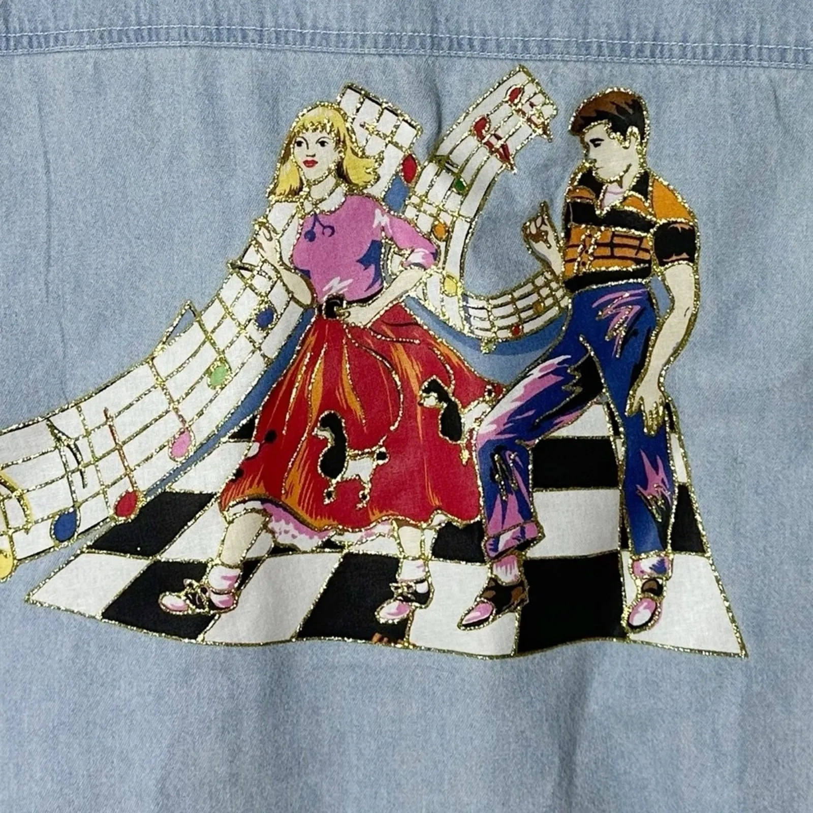 Vintage 90s Rockabilly Denim Vest Sleeveless Shirt L 50s Dancing Cars Music Blue Size L - Image 7