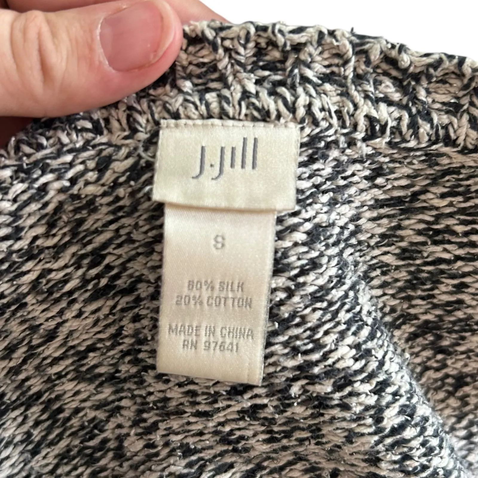 JJill Black White Marled Silk Sweater Womens Sz Small Plunging V Neck Loose Fit - Image 6