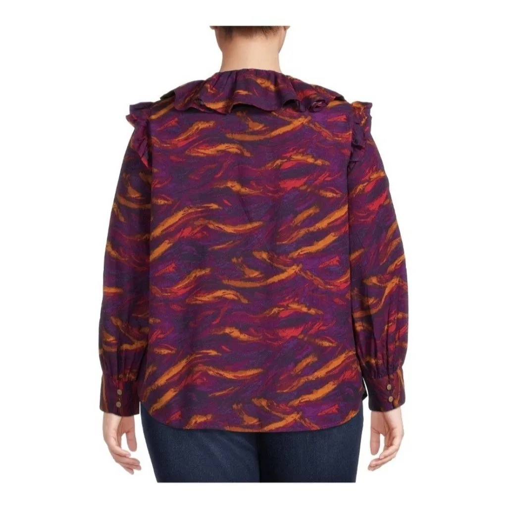 Terra &‎ Sky Long Sleeve Bold Purple Print Ruffle Top Blouse Womens 2X NWT - Image 3