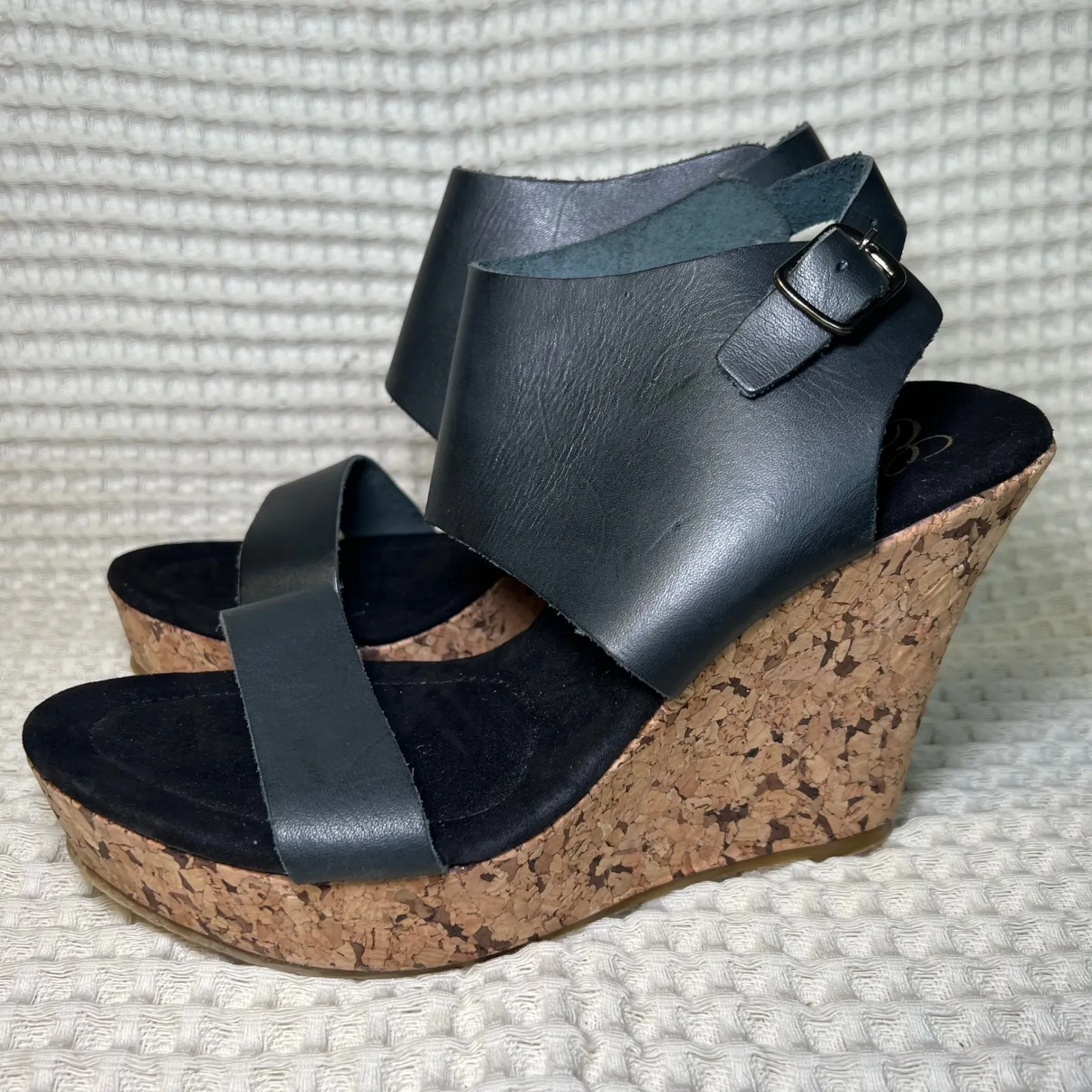 Corkys Elite Black Leather Cork Wedge Sandals Women's Ankle Strap Buckle 9.6 Size 9.5 - Image 3