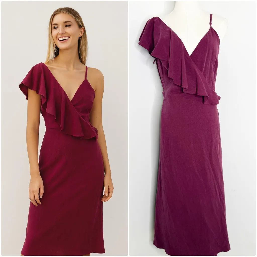 Line & Dot Burgundy Ruffle Midi Dress Size Medium Revolve NWT - Image 2