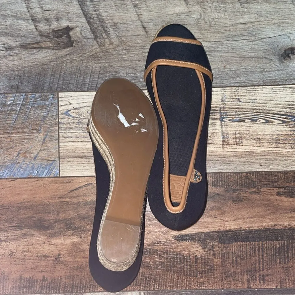 Tory Burch Black & Brown Majorca Espadrille Peep Toe Wedge - Image 6