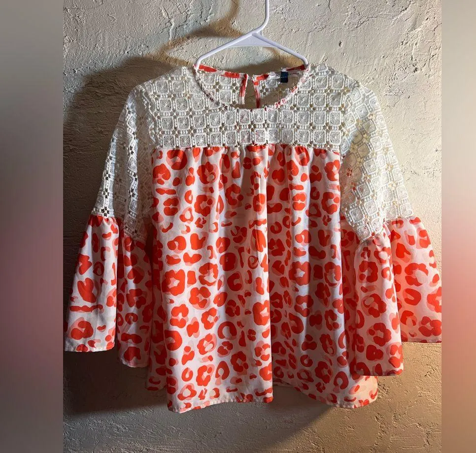Coral White Pink Leopard Print Blouse sz M crochet flowy colorful bell sleeve Orange Size M - Image 8