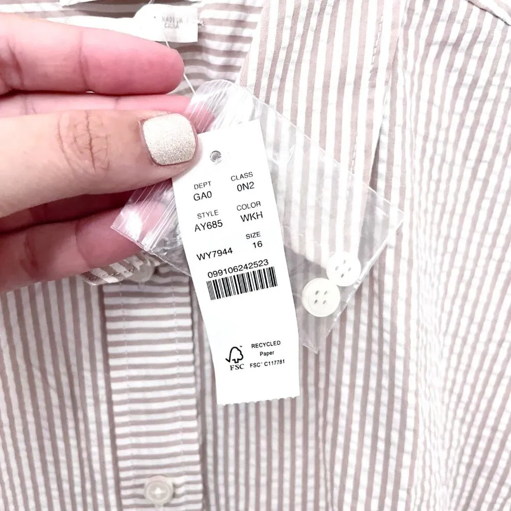 NWT J Crew Classic Fit Shirt in Seersucker Tan Taupe Long Sleeve Size 16 - Image 6