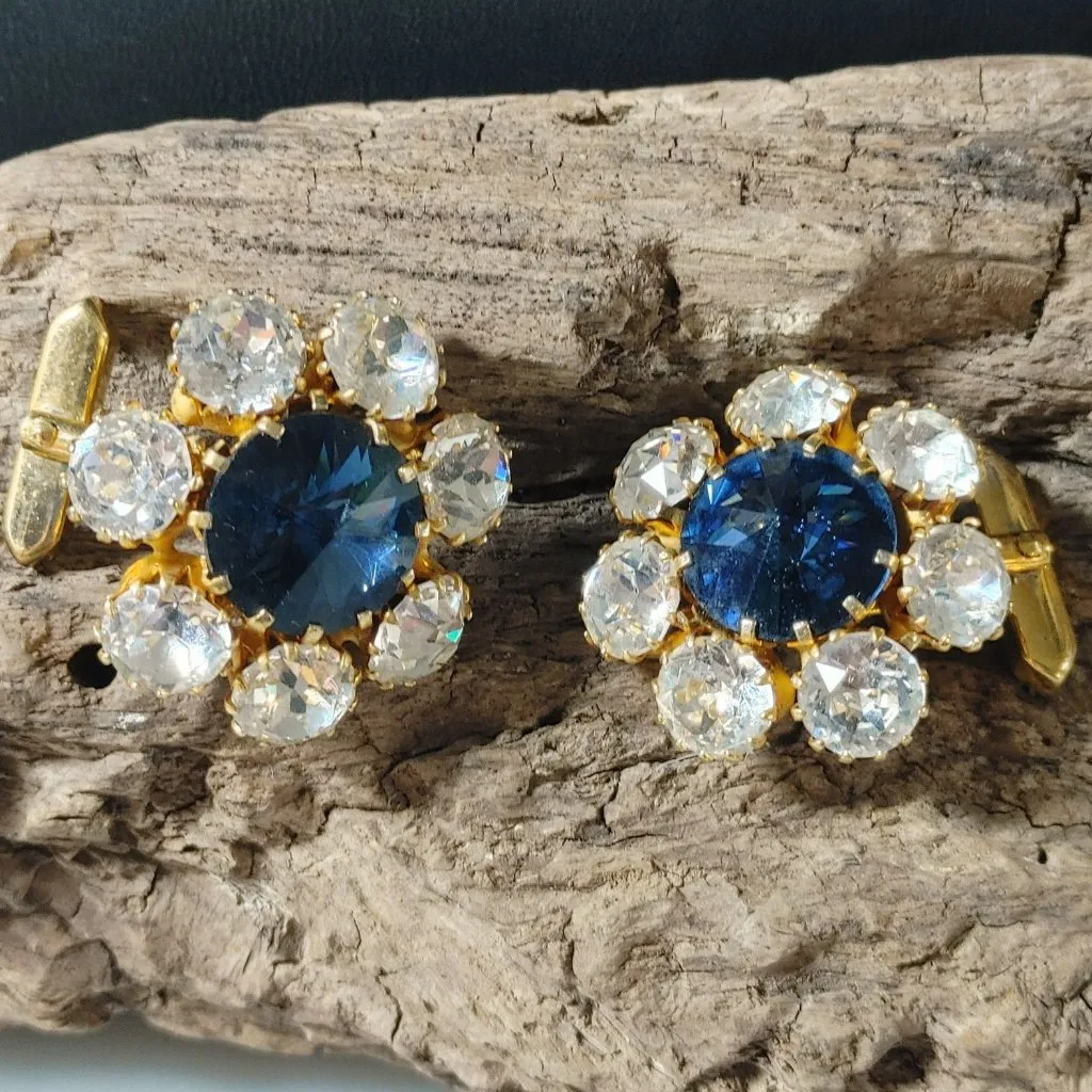 Rivoli Rhinestone Vintage Gold Tone Cufflinks Blue Clear Rhinestones Prong Set - Image 5